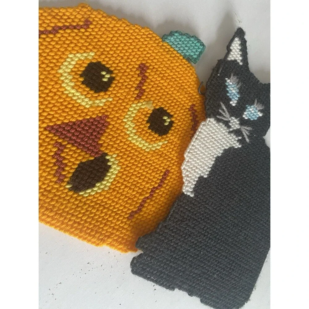 VTG  Halloween Pumpkins Witch  & Cat Wall Hanging Needlepoint Plastic Canvas